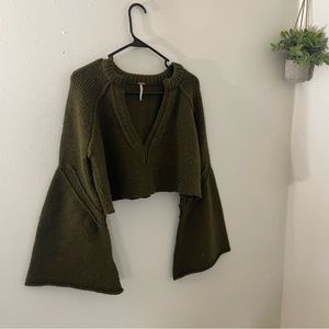 Free People Cropped Bell-Sleeve Green Sweater with V-Neck